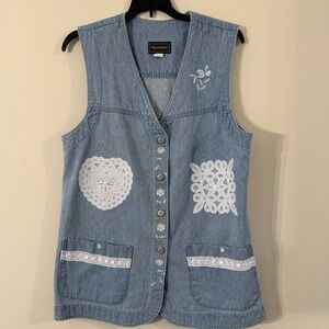 VTG Willowbend 90s Women's Denim‎ Vest Lace Appliqué Size Medium Cottagecore USA